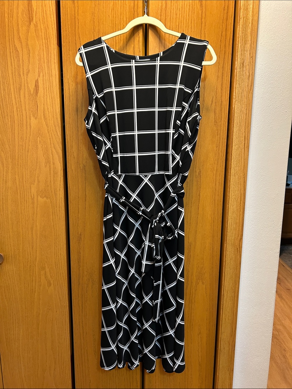 Charter Club Black and White Windowpane Midi Dress with Tie Waist